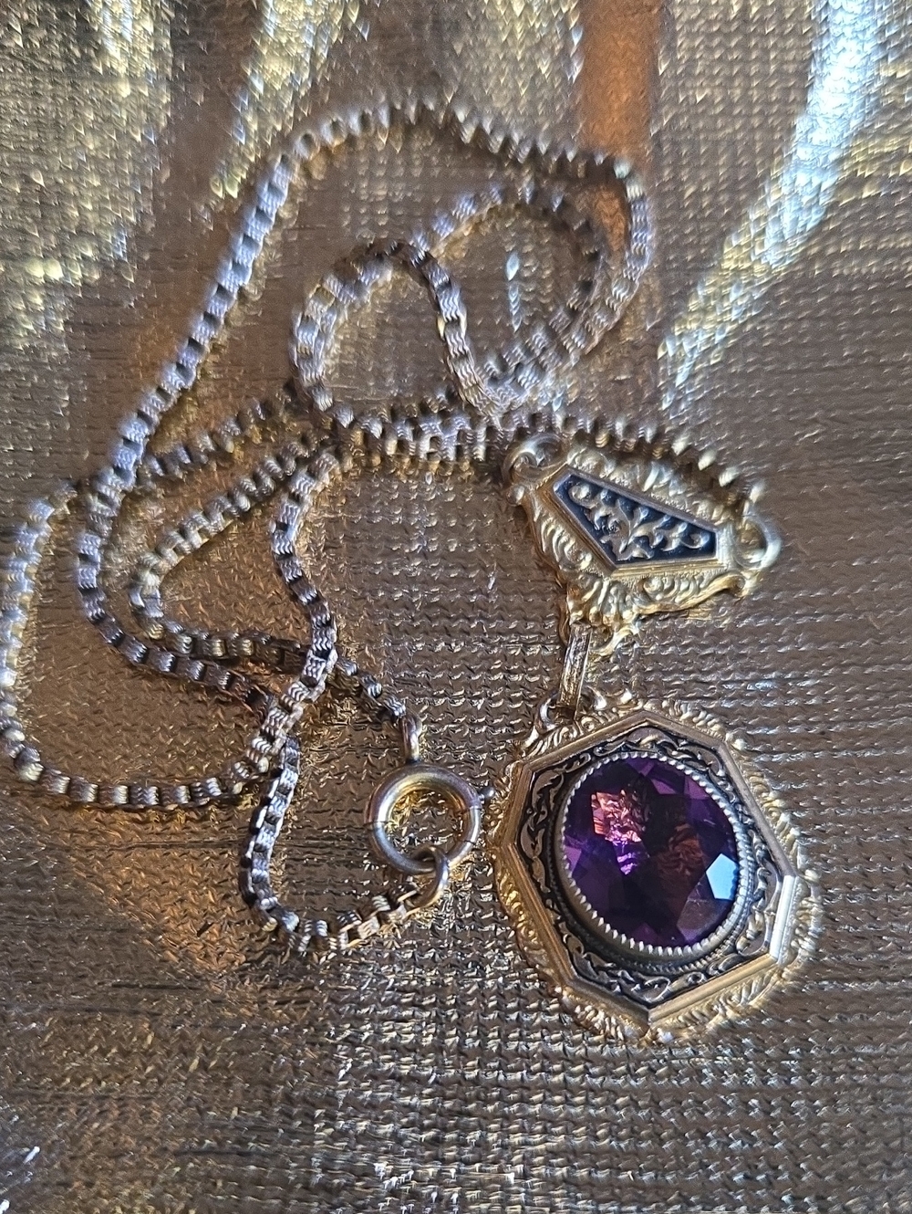 Gold-Tone Necklace with Deep Purple Faceted Pendant